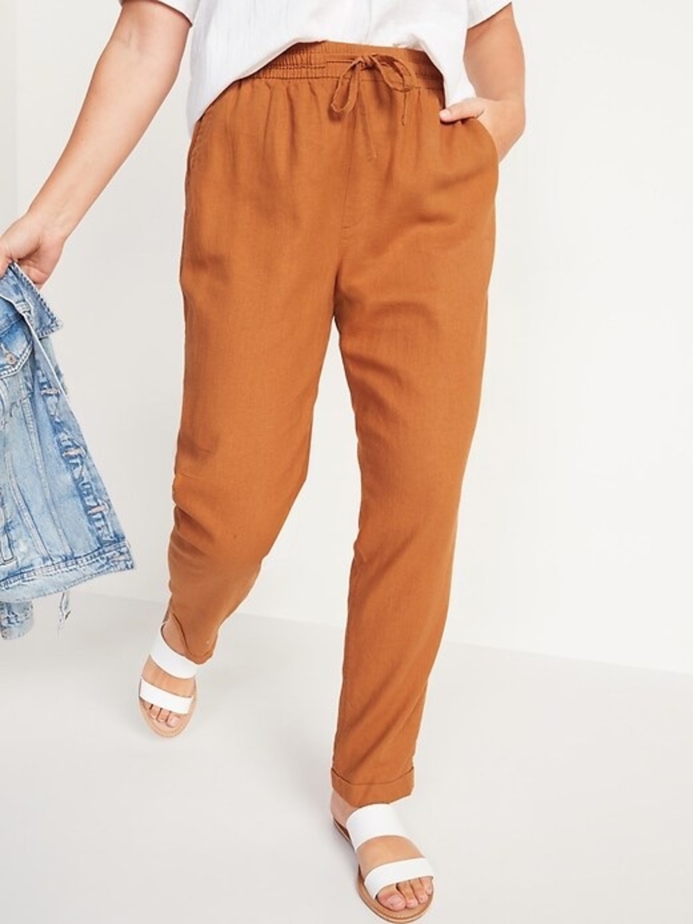 Old Navy High-Waisted Linen Burnt Orange Rust Brown Straight Cropped Pants Large